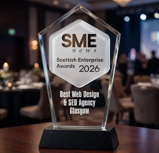 SME News Scottish Enterprise Awards 2026 glass trophy — Best Web Design & SEO Agency Glasgow