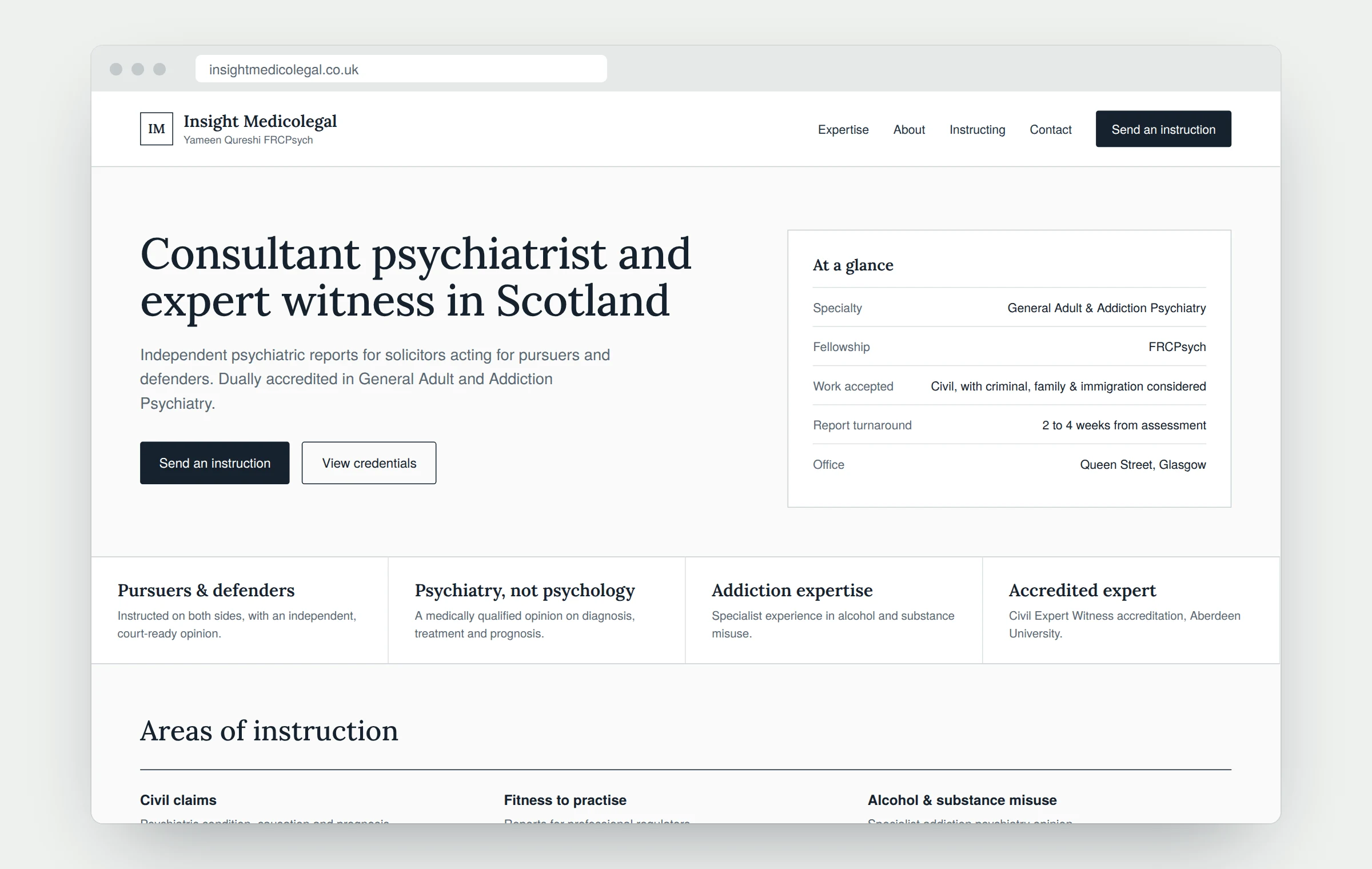 Insight Medicolegal homepage on desktop, with headline, credentials panel and areas of instruction