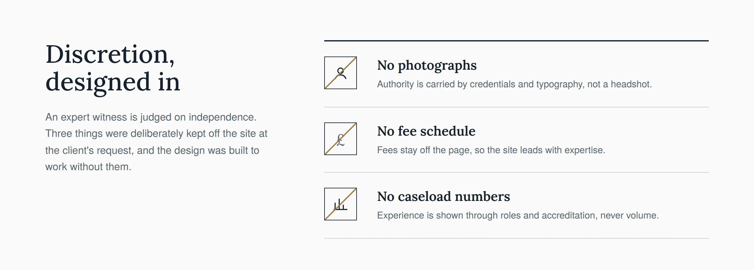Three things deliberately kept off the site: photographs, fee schedule and caseload numbers