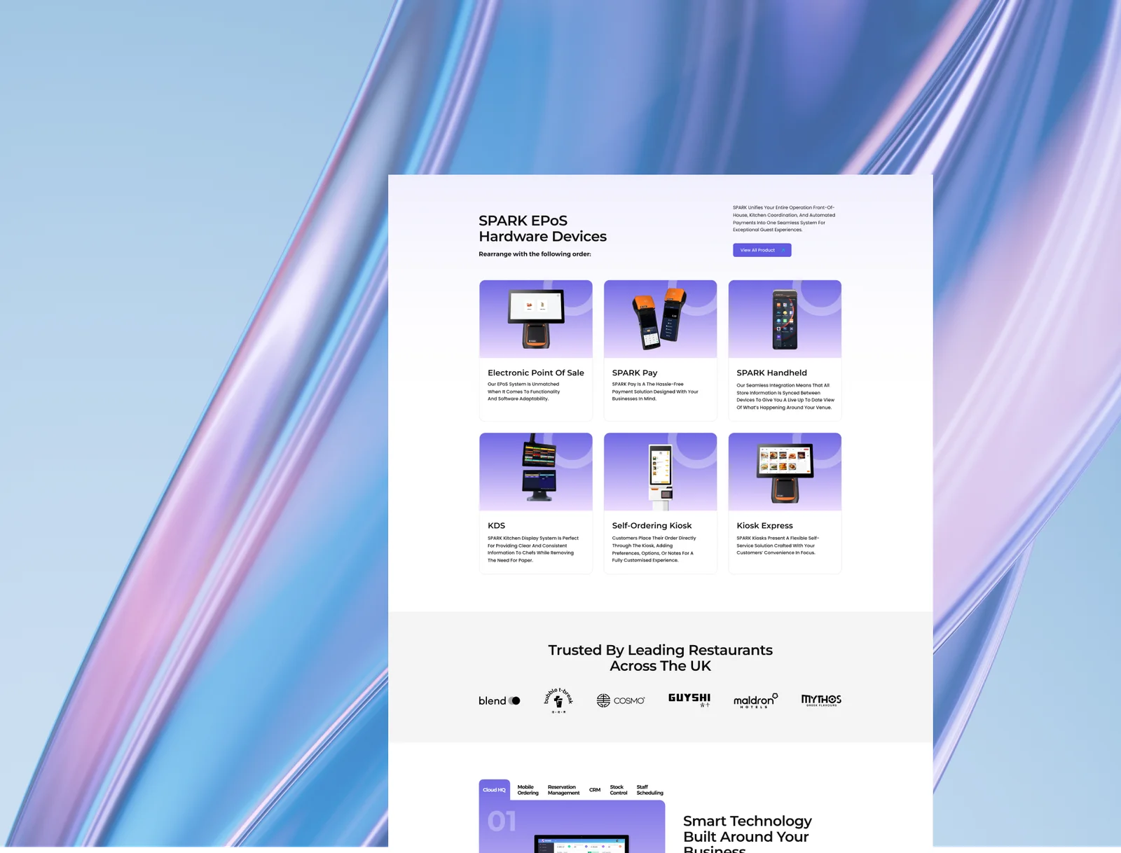 Spark EPOS hardware product page design showing EPoS terminals, handhelds and kiosks