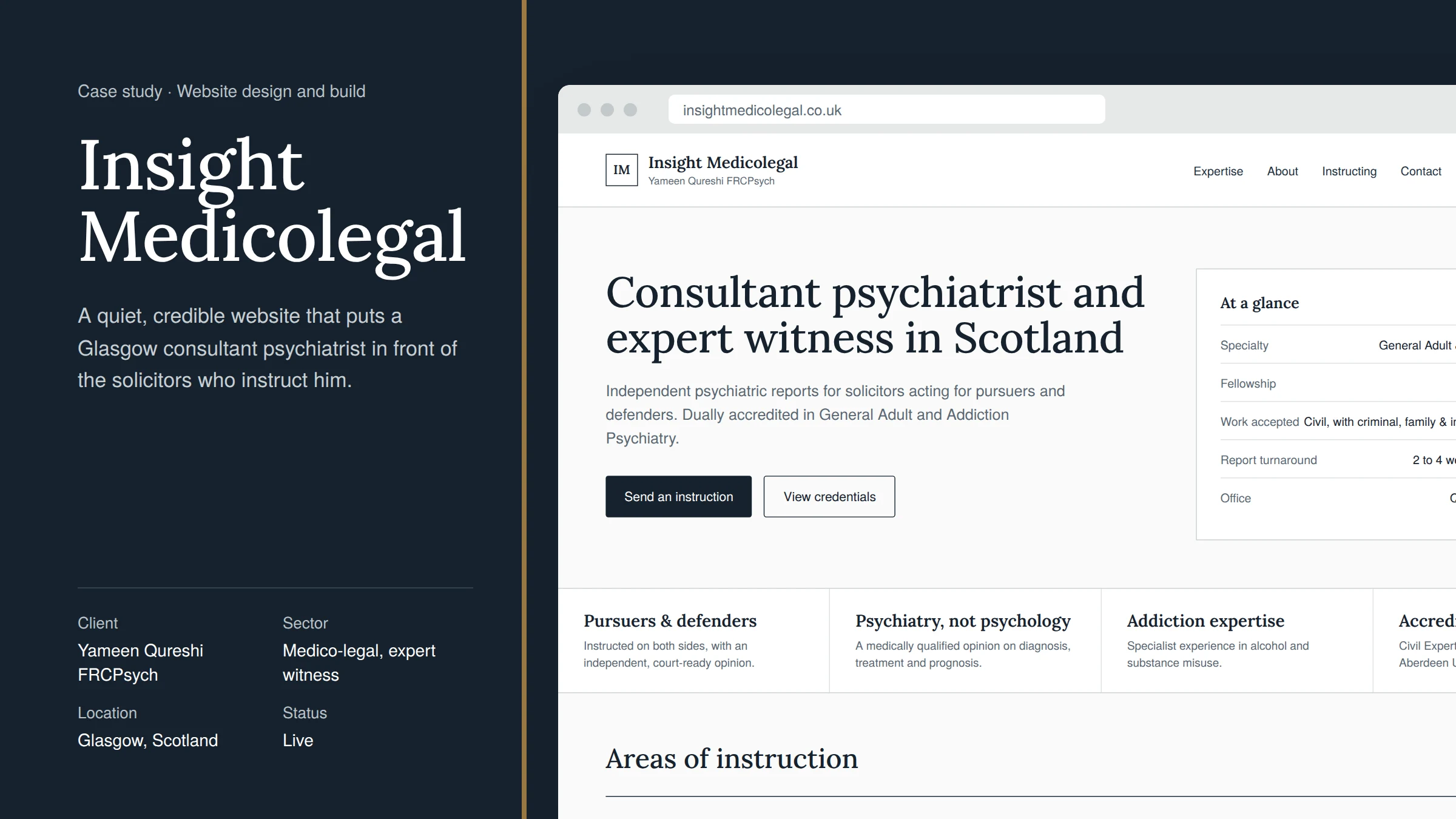 Insight Medicolegal website shown in a browser beside the case study title