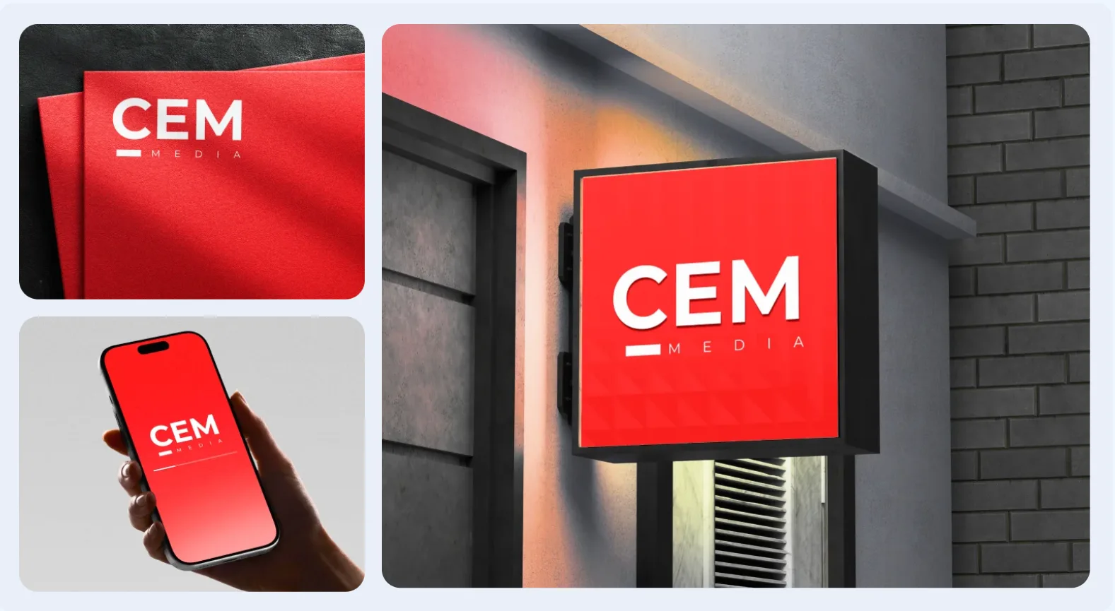CEM Media brand identity applied across print, signage and mobile