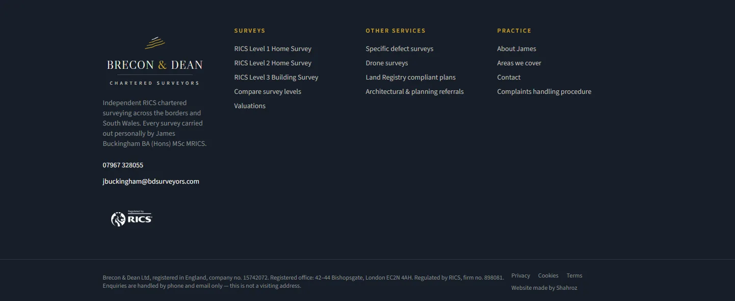 Brecon & Dean Surveyors footer with logo, survey links, RICS badge and company details
