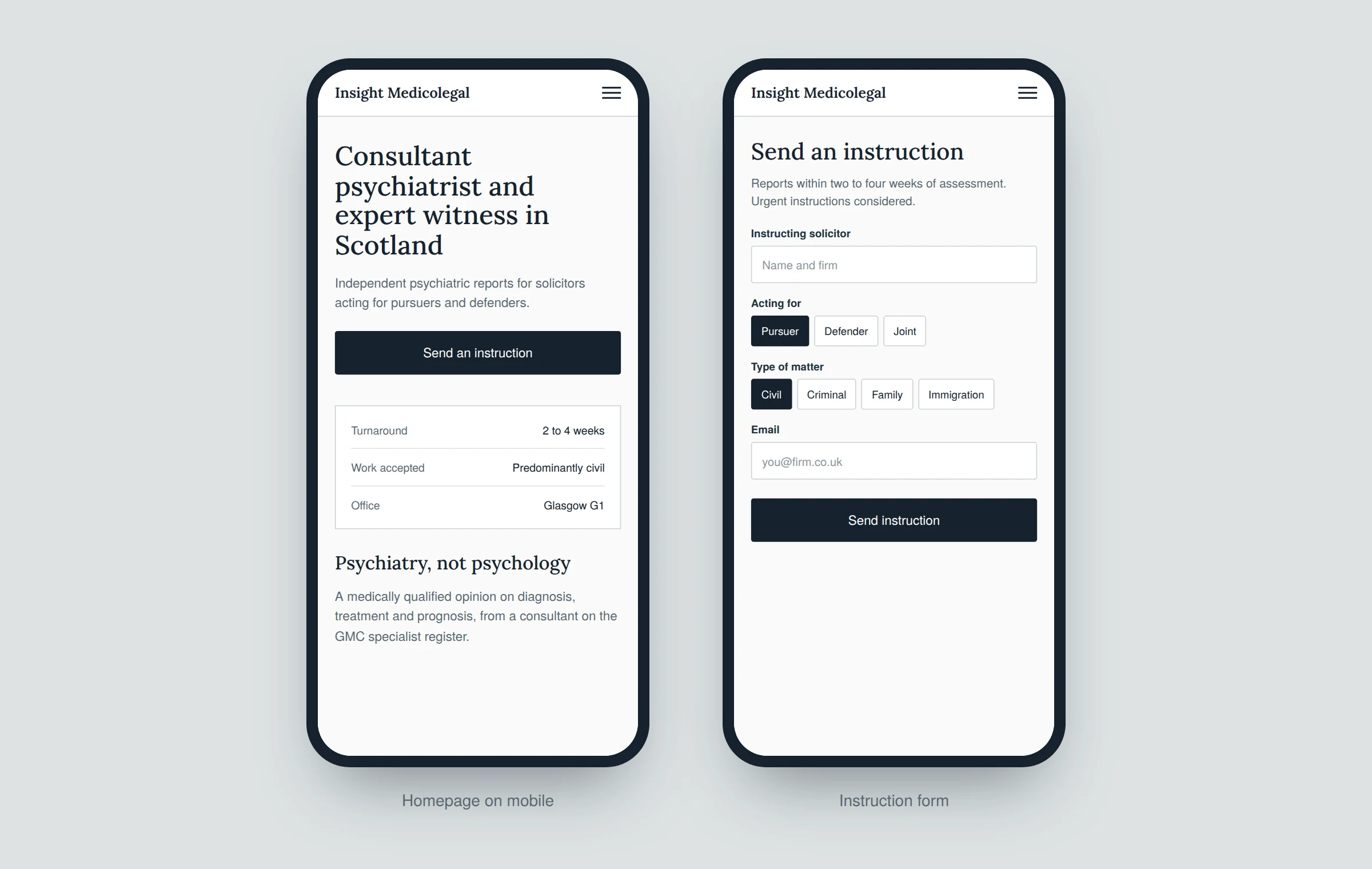 Insight Medicolegal homepage and instruction form on mobile