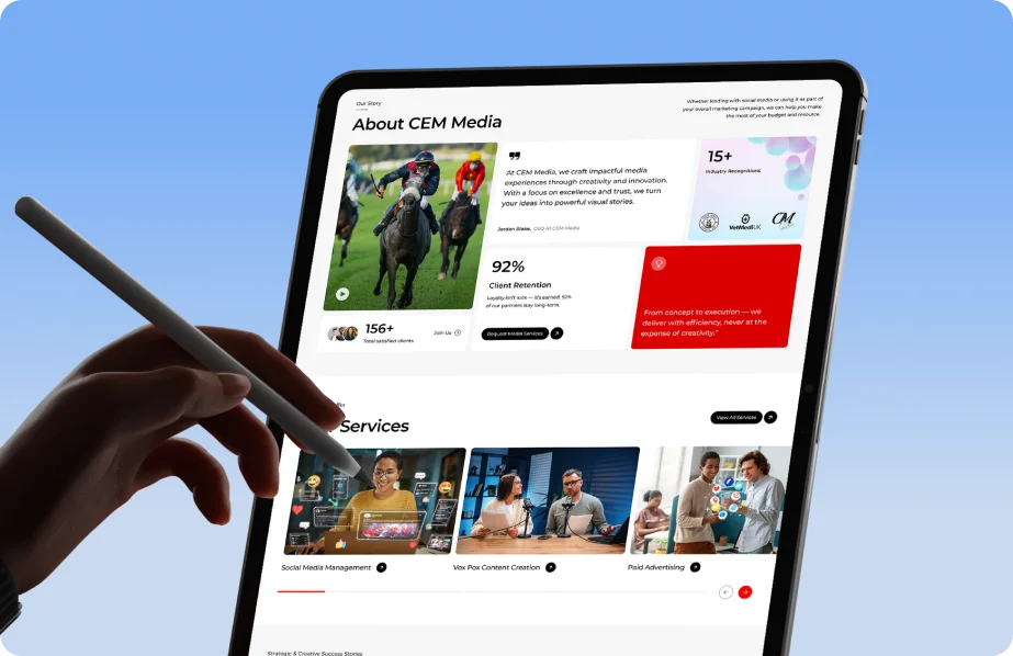 CEM Media website interface designed by Shahroz, shown on a tablet