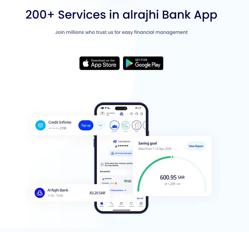 Al Rajhi mobile app services section with app store download links