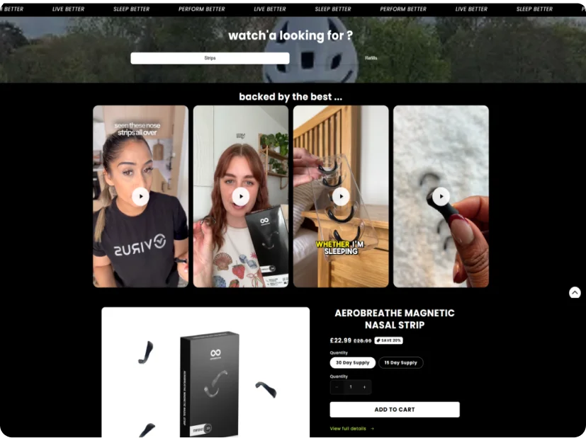 Aerobreathe health technology UX interface showing product content and purchase options