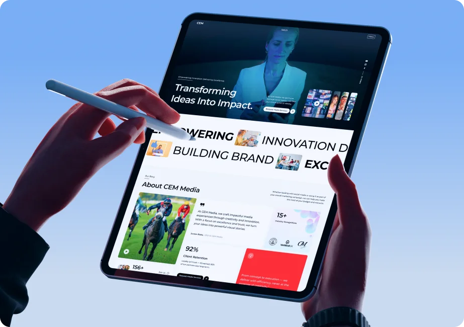 CEM Media responsive website design by Shahroz shown on a handheld tablet