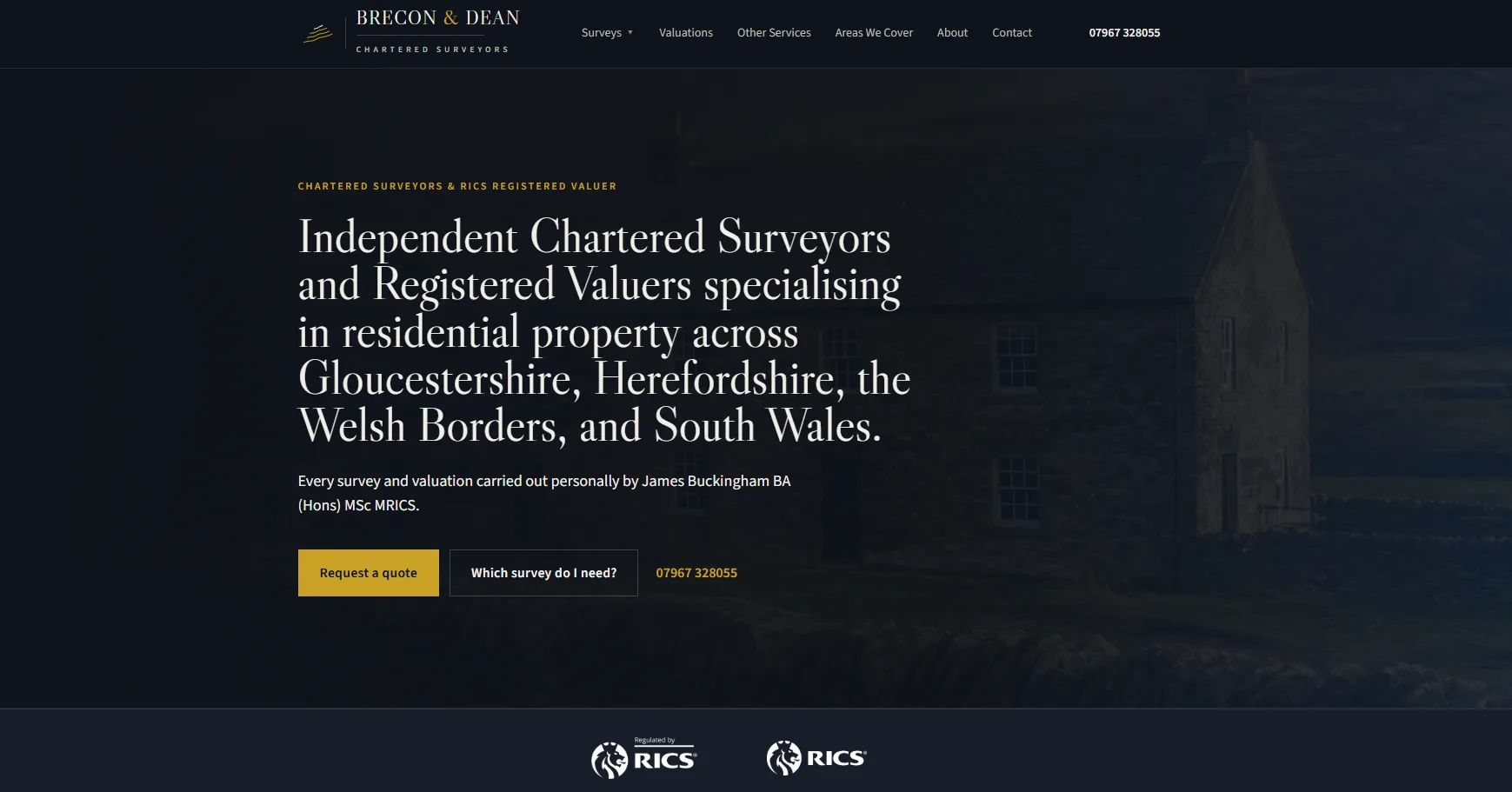 Brecon & Dean Surveyors homepage with stone farmhouse hero and RICS credentials